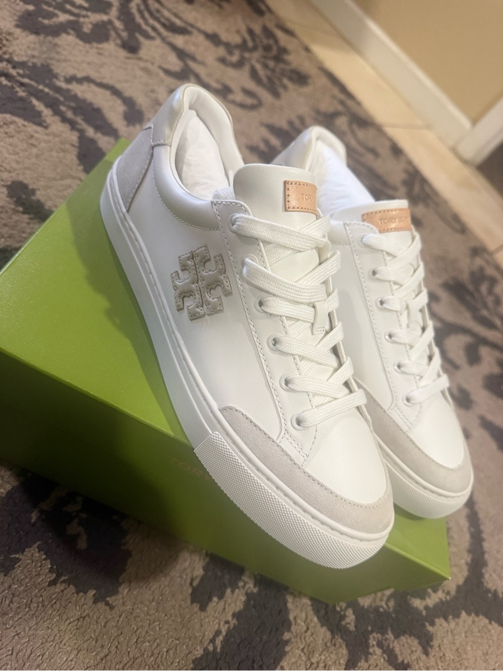 Tory Burch White Leather Sneakers with Beige Accents